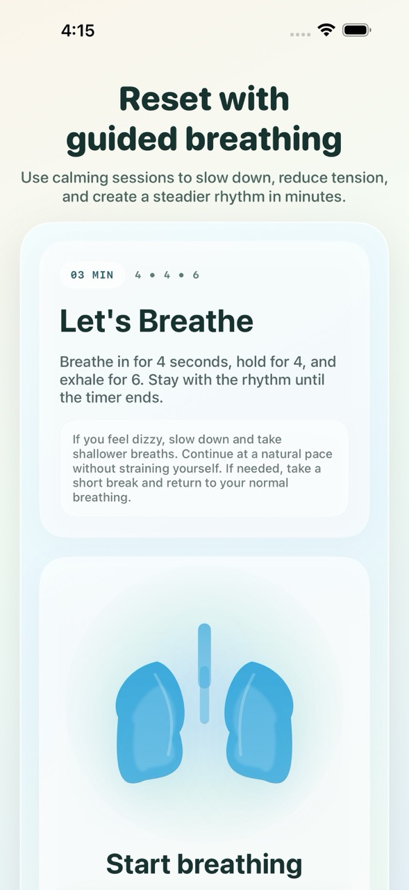Breathing support screen in Unstiff with guided habit support